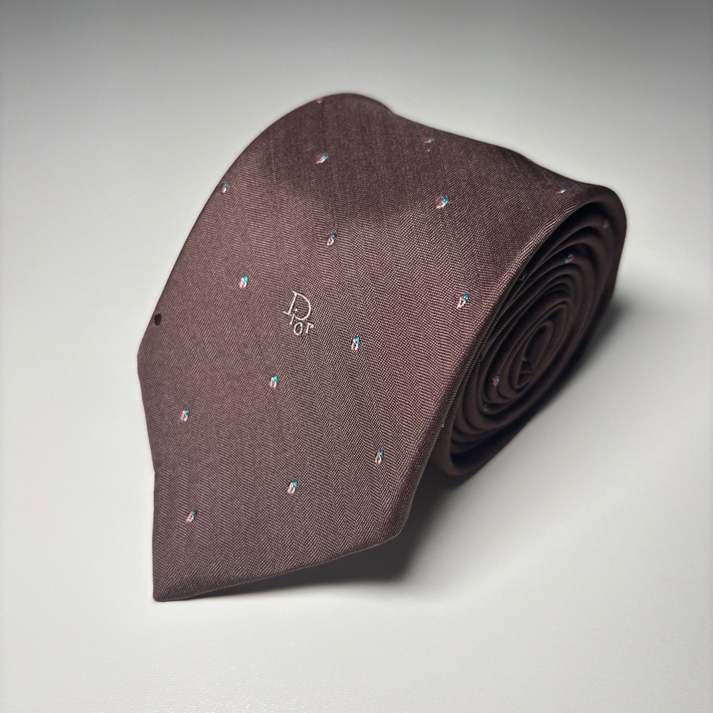 Christian Dior Brown Micro Dot Necktie Embroidered Logo Silk Blend Vintage Tie